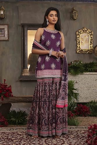 BIBA Women Purple Chanderi Digital Printed Garara Straight Suit Set_38