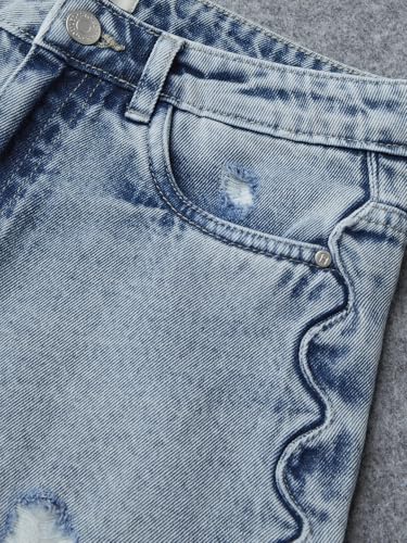 The Souled Store Denim Shorts: Cube Women and Girls Buttoned Blue Solid Cotton Denim Shorts