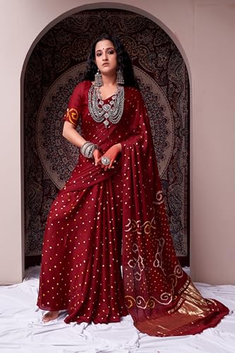 HEMA SILK MILLS Women Refined Mahogany Maroon Gajji Silk Bandhani Saree Gajji Maroon