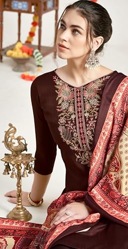DRAVINAM Trends Women's Unstitched Woollen Pure Pashmina Embroidered Salwar Suit Dress Material with Pashmina Printed Shawl Dupatta