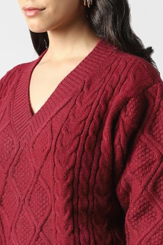 Women Maroon Textured V Neck Sweater