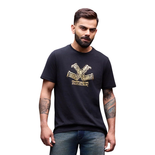 WROGN Men's 100% Cotton T-Shirt | Gold Foil Paisley Logo Print | Slim Fit | Black | M