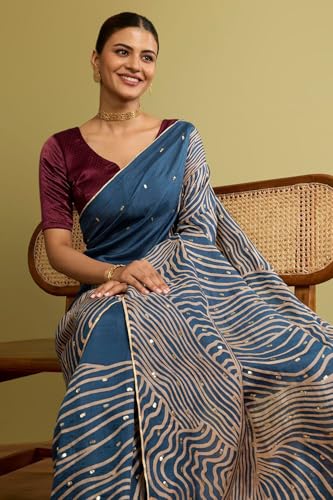 Taneira Women Dark Blue Murshidabad Block Print Pure Silk Saree with Unstitched Blouse Piece (SAIH01AC1467-Dark Blue)
