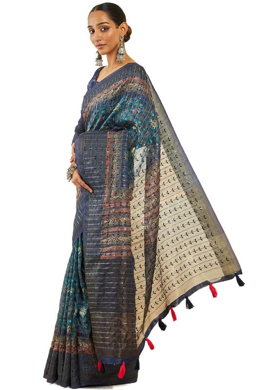 Soch Womens Teal Organza Pochampally Saree With Sequins