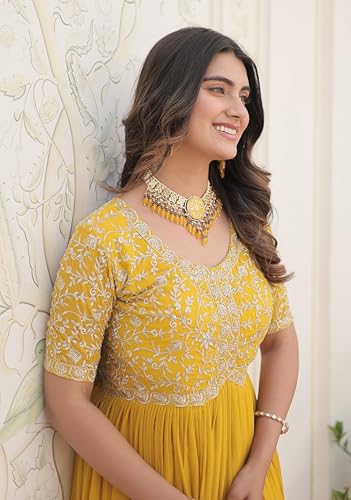 Fashion Basket Georgette Embroidered Anarkali Gown for Women Yellow