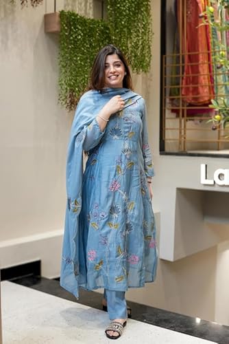 AVYUKTHA | Women Floral Embroidered Tiered Kurta with Palazzos & Dupatta | Thread Work Ethnic Set for Festive, Casual & Party | Blue | Size- M