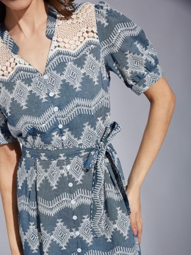 Latin Quarters Women's Blue V-Neck Half Sleeves Embroidery Casual Shirt Dress_XL