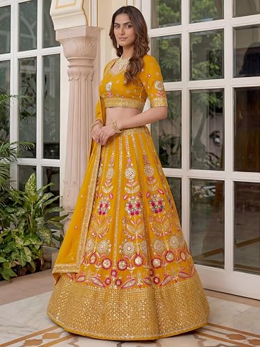Zeel Clothing Women's Sequins Thread Embroidered Georgette Lehenga Choli With Dupatta (6008-Yellow-Women-New-Lehenga-Choli; Free Size) (Yellow)