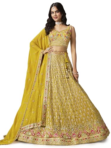 Zeel Clothing Women's Sequins and Thread Embroidered Work Georgette Lehenga Choli With Dupatta (5134-Yellow-Women-Lehenga-Choli-Latest; Free size) (Yellow)