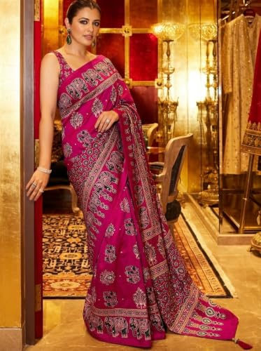 ORHANS Women's Modal Silk Saree with Unstitched Blouse Piece Animal Printed Pattern and Elephant Theme | Womens Ethnic Sarees | Sari for Womans | Stylish Saree fo Women Lightweight