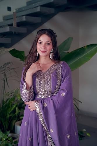 Women Most Beautiful Shimmer Silk Gown with Dupatta Long Dress, Latest Silk Long Anarkali Gown Set for Girls and Woman (in, Alpha, XL, Regular, Woman, Purple)