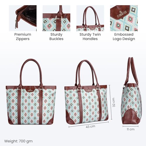 THE CLOWNFISH Miranda Series 15.6 inch Laptop Bag For Women Printed Handicraft Fabric & Faux Leather Office Bag Briefcase Hand Messenger bag Tote Shoulder Bag (Skyblue-Diamond Design)