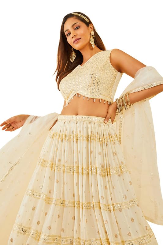 Soch Womens Off White Embellished Georgette Lehenga Choli