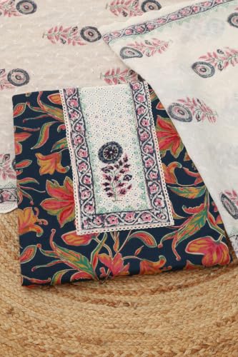 Soch Womens Navy Blue Cotton Botanical Printed Chikankari Embroidery Dress Material