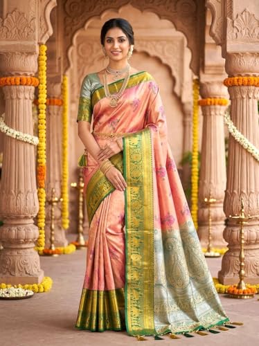 VFCollections Women's Traditional Handloom Kanchipuram Silk Pure Pattu Sarees | Rich Zari Woven Design | Bridal Saree | Unstitched Blouse (VFC625-4), Purple,Beige