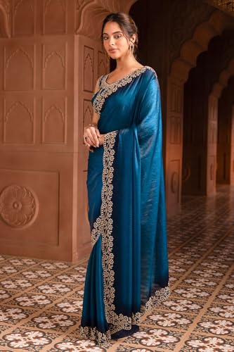 Soch Womens Teal Green Organza Saree With Stone Work