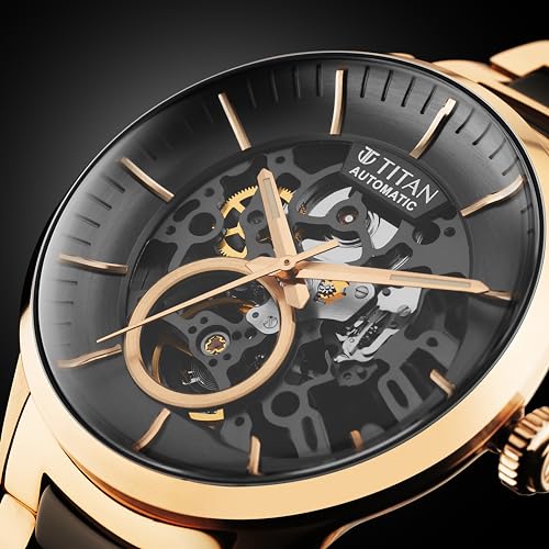 Titan Ceramic Fusion Automatic Anthracite Dial Two Toned Rose Gold and Grey Stainless Steel Bracelet Watch for Men - NT90174KD03