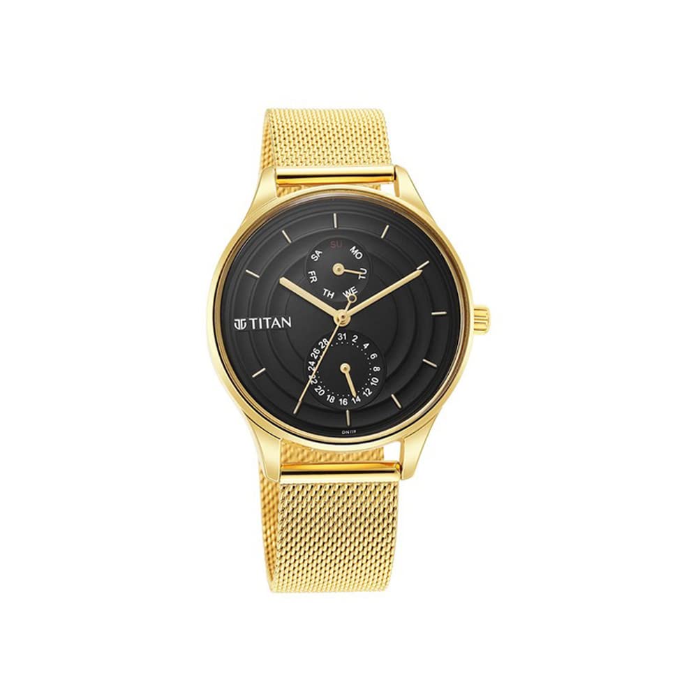 Titan Workwear Neo Workdays Quartz Multifunction Black Dial Gold Stainless Steel Strap Watch for Women - NS2670YM02