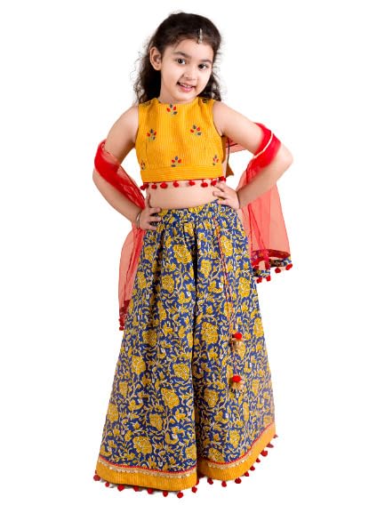 Pspeaches Girls Cotton Navy Blue Mustard Embroidered Ready To Wear Readymade Lehenga Set Blouse With Dupatta (Blue-8-10Y), 8-10 Years