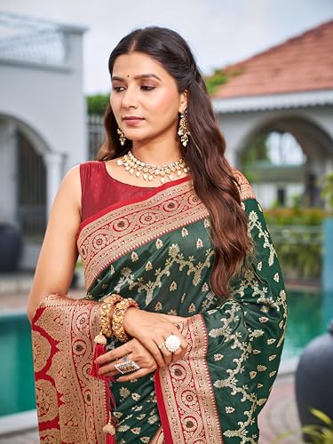 MANOHARI Women's Most Trendy Banarasi Satin Silk Woven Green & Red Saree With Heavy Jacquard Work Saree With Blouse Piece_MN2065