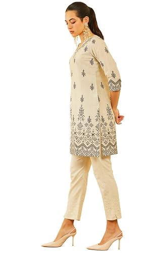 Soch Womens Beige Poly Muslin Floral Printed Kurta with Cutdana