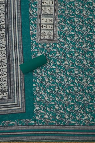 Soch Womens Teal Green Art Tussar Floral Print Unstitched Dress Material With Zari