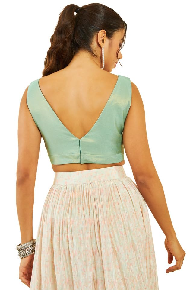 Soch Womens Sap Green Tussar V-Neck Back-Open Sleeveless Blouse
