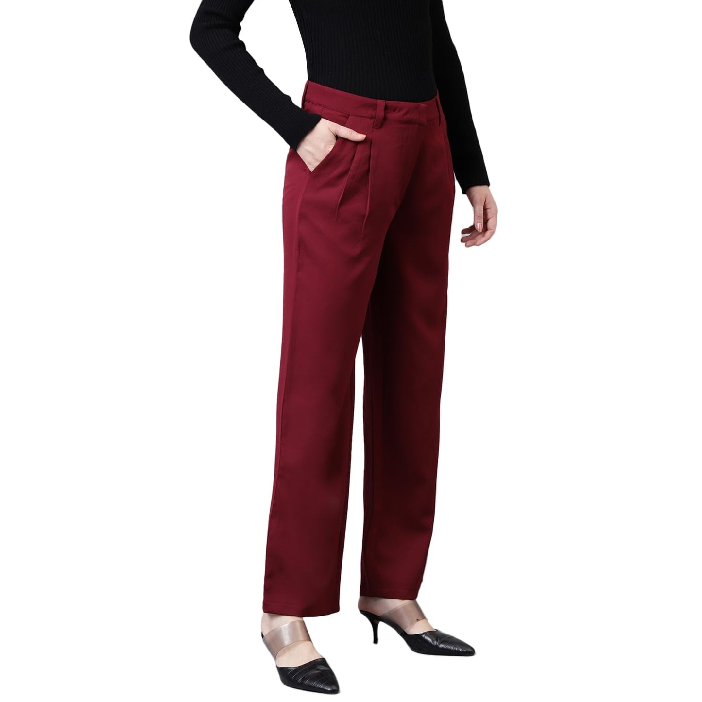 Latin Quarters Women's Solid Straight Maroon Pant_L