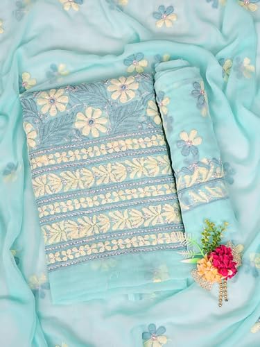 Ada Hand Embroidered Lucknowi Chikankari Unstitched Georgette Dress Material Suit Piece with Dupatta for Women 01A896012 Sea Green