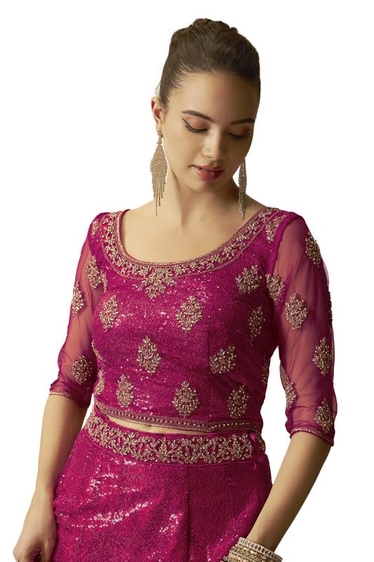 Soch Womens Fuchsia Net All-Over Sequins Embroidered Unstitched Lehenga Set