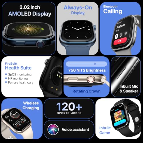 Fire-Boltt Brillia Smart Watch 2.02” Super AMOLED Display, Bluetooth Calling, SpO2, Heart Rate Monitor, 120+ Sports Modes, Fitness Tracker, Voice Assistant, Smart Watch for Man & Women