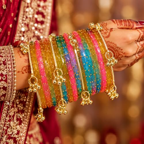 JPS 16 Pcs Trendy Stylish Raindrop Glass & Kashmiri Ghungroo Bangles Set for Women & Girls | Gold-Plated Traditional Festive Wedding Party Jewellery Chudi Set (12 Glass + 4 Metal) (Multi Super, 2-8 Combo)