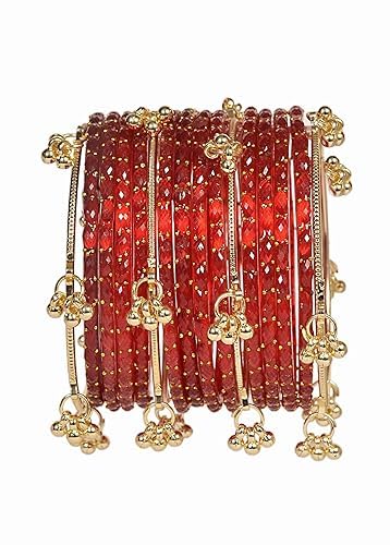 शर्मा फैशन शॉप Kashmiri Ghangharoo Glass Bangle Set for Women| Light Weight Bangles | Traditional Transparent Fancy Glass Chudi Set for Wedding, Party| set of 16_Red_2.4