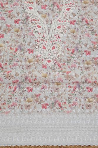 Soch Womens Cream Cotton Floral Print Unstitch Dress Material With Thread Work