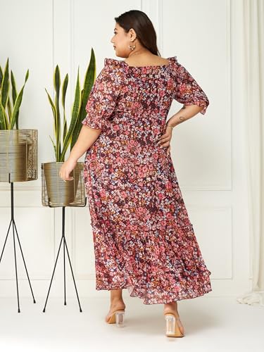 Miss Chase A+ Women's V Neck Puff Sleeve Floral Ankle Length Dress (APAW21D06-35-252-10, Multicolored-Base-Wine, 5XL)