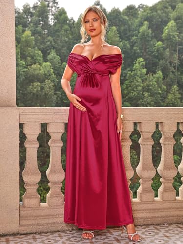 Marivoné® Off Shoulder Maternity Maxi Dress | V Neck Flowy Pregnancy Gown for Photoshoot | Baby Shower Dress | L | Red