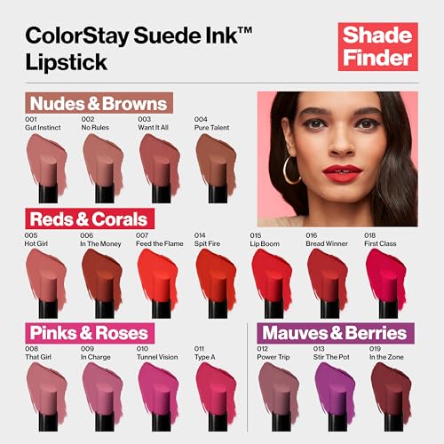 Revlon Lipstick, ColorStay Suede Ink, Built-in Primer, Infused with Vitamin E, Waterproof, Smudge-proof, Matte Color, 004 Pure Talent, 2.55 g
