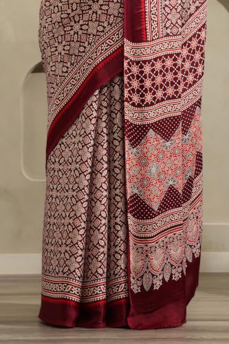 Soch Womens Maroon Viscose Blend Ajrak Printed Saree