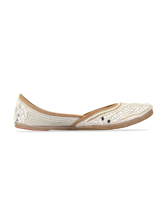 DESI COLOUR Leather Mojari Punjabi Jutti for Women Ethnic Footwear- Mirror (White, numeric_7)