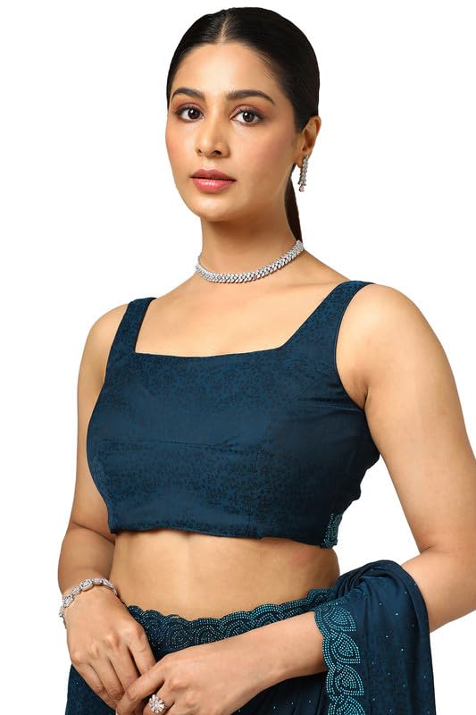 Soch Womens Teal Chiffon Floral Print Saree With Stone Work