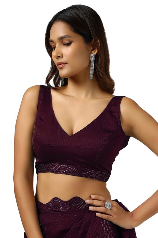 Soch Womens Wine Chiffon Self Print Saree With Stone Work