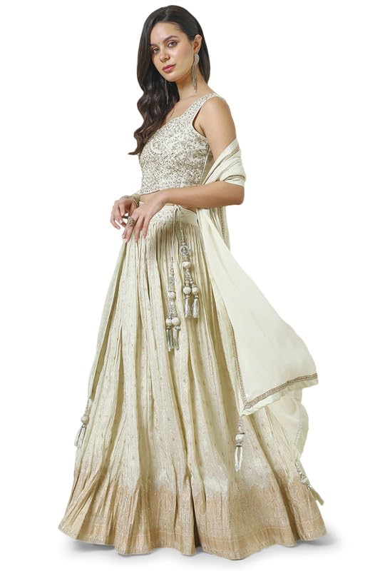 Soch Womens Cream Brocade Embroidered Leheng Set With Mirror Work