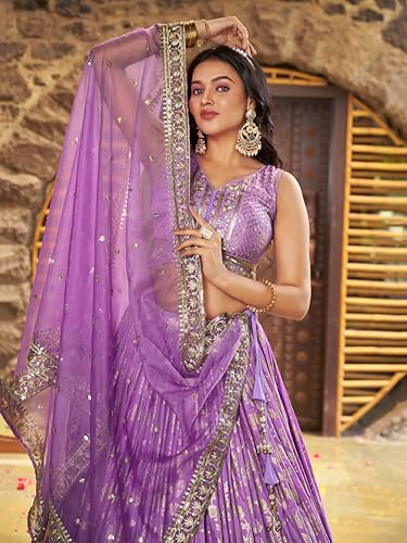 Zeel Clothing Women's Sequins Zari Embroidered Dola Silk Jacquard Lehenga Choli With Dupatta (7100-Women-Lehenga-Choli-Latest, Free size) (Lavender)