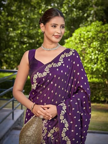 MANOHARI Women's Most Trendy Banarasi Satin Silk Woven Dark Purple Saree With Heavy Jacquard Work Saree With Blouse Piece_MN2061