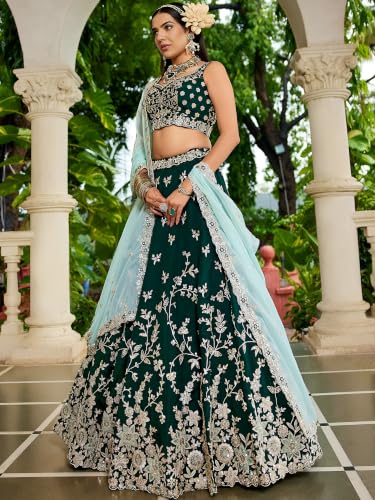 Zeel Clothing Women's Zari Sequins Embroidered Work Rangoli Silk Lehenga Choli With Dupatta (5139-Green-Women-Lehenga-Choli; Free size)