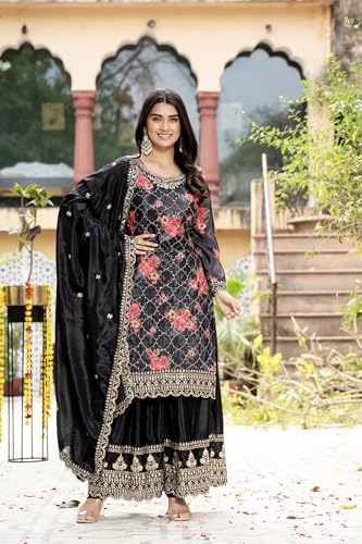 Leeli Peeri Designer Women's chinon Embroidery Kurta Palazzo and Dupatta Set