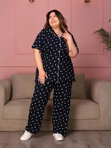 TITTLI Women Pure Cotton Printed Nightsuit | Shirt and Pyjama Set | Short Sleeve Sleepwear | Comfortable Nightwear with Pockets | Travel Nightsuit For Womens