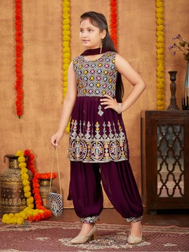 Aarika Girls Ethnic Wear Purple Colour Thread Sequin Embroidery Georgette Kurti Patiala Set With Sling Bag (4-10 Years)