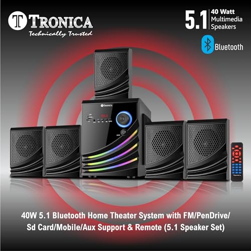 TRONICA Firefly 40W 5.1 Bluetooth Home Theater System with FM/PenDrive/Sd Card/Mobile/Aux Support & Remote (5.1 Speaker Set) Black