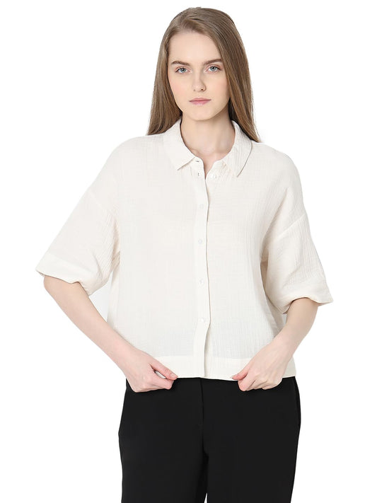 VERO MODA Women Solid Beige Cotton Regular Fit Shirt
